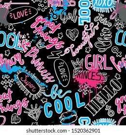 Girls seamless pattern with calligraphic slogan, hearts, words  . background for texylie, graphic tees, kids wear. Wallpaper for teenager girls. Fashion style