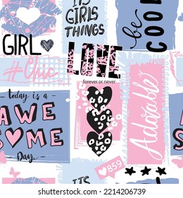 Girls seamless pattern with calligraphic slogan, hearts, words  . background for texylie, graphic tees, kids wear. Wallpaper for teenager girls. Fashion style
