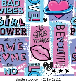 Girls seamless pattern with calligraphic slogan, hearts, words  . background for texylie, graphic tees, kids wear. Wallpaper for teenager girls. Fashion style