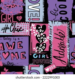 Girls seamless pattern with calligraphic slogan, hearts, words  . background for texylie, graphic tees, kids wear. Wallpaper for teenager girls. Fashion style