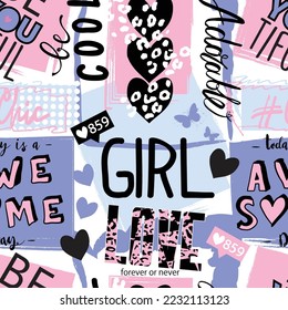 Girls seamless pattern with calligraphic slogan, hearts, words  . background for texylie, graphic tees, kids wear. Wallpaper for teenager girls. Fashion style
