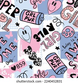 Girls seamless pattern with calligraphic slogan, hearts, words  . background for texylie, graphic tees, kids wear. Wallpaper for teenager girls. Fashion style