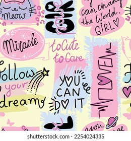 Girls seamless pattern with calligraphic slogan, hearts, words  . background for texylie, graphic tees, kids wear. Wallpaper for teenager girls. Fashion style - Shutterstock ID 2254024335