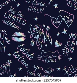 Girls seamless pattern with calligraphic slogan, hearts, words  . background for texylie, graphic tees, kids wear. Wallpaper for teenager girls. Fashion style