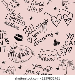 Girls seamless pattern with calligraphic slogan, hearts, words  . background for texylie, graphic tees, kids wear. Wallpaper for teenager girls. Fashion style