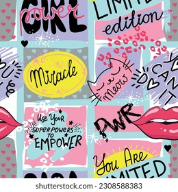 Girls seamless pattern with calligraphic slogan, hearts, words  . background for texylie, graphic tees, kids wear. Wallpaper for teenager girls. Fashion style