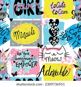 Girls seamless pattern with calligraphic slogan, hearts, words  . background for texylie, graphic tees, kids wear. Wallpaper for teenager girls. Fashion style