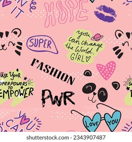 Girls seamless pattern with calligraphic slogan, hearts, words  . background for texylie, graphic tees, kids wear. Wallpaper for teenager girls. Fashion style