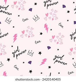 Girls seamless pattern with calligraphic slogan, hearts, words . background for textile, graphic tees, kids wear. Wallpaper for teenager girls. Fashion style.