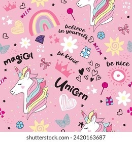 Patrón impecable de chicas con lema caligráfico, unicornio, corazones, palabras, arcoiris, sol, fondo para textiles, tés gráficos, niños usan. Fondo de escritorio para las niñas. Estilo de moda.