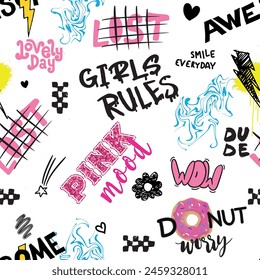 Girls seamless pattern with calligraphic slogan, hearts, words  . background for texylie, graphic tees, kids wear. Wallpaper for teenager girls. Fashion style