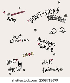 Girls seamless pattern with calligraphic slogan, hearts, words . background for textlie, graphic tees, kids wear. Wallpaper for teenager girls. Fashion style