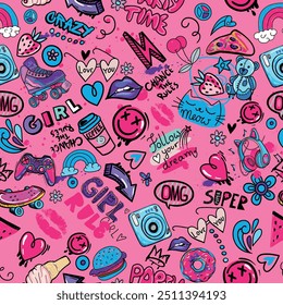 Girls seamless pattern with calligraphic slogan, hearts, words  . background for texylie, graphic tees, kids wear. Wallpaper for teenager girls. Fashion style