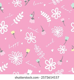 Girls seamless pattern with calligraphic slogan, tulip, hearts, leaf,flowers background for textile, graphic tees, kids wear. Wallpaper for baby, girls. Fashion style.