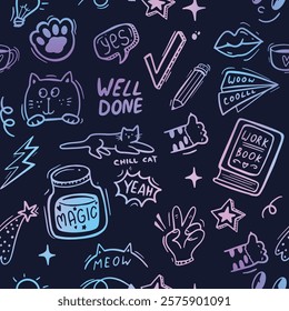 Girls seamless pattern with calligraphic slogan, hearts, words  . background for textyle, graphic tees, kids wear. Wallpaper for teenager girls. Fashion style