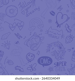 Girls seamless pattern with calligraphic slogan, hearts, words  . background for textyle, graphic tees, kids wear. Wallpaper for teenager girls. Fashion style