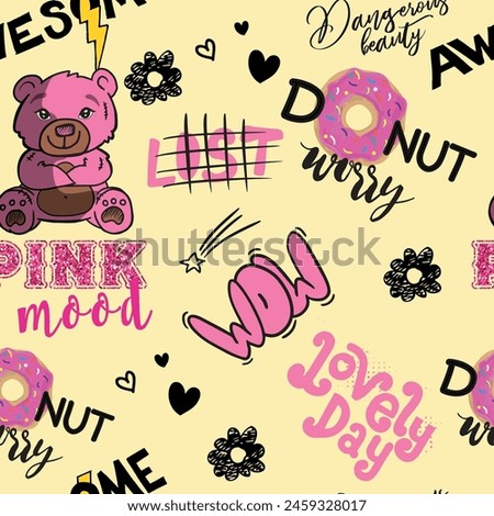 Girls seamless pattern with calligraphic slogan, hearts, words  . background for texylie, graphic tees, kids wear. Wallpaper for teenager girls. Fashion style