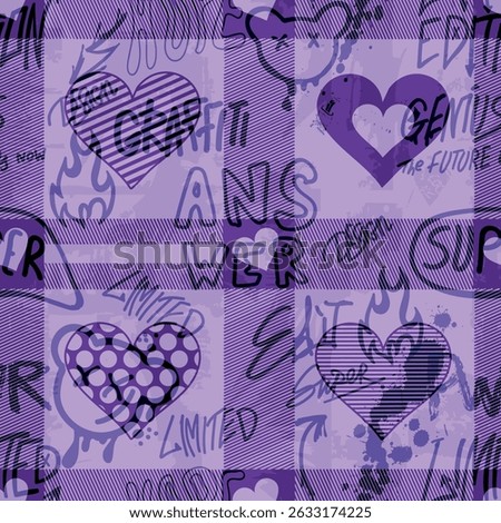 Girls seamless pattern with calligraphic slogan, hearts, words  . background for texylie, graphic tees, kids wear. Wallpaper for teenager girls. Fashion style