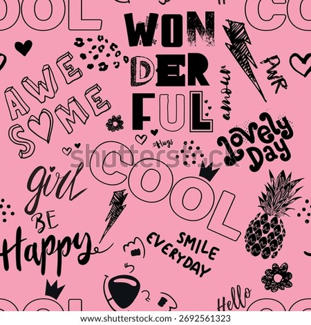 Girls seamless pattern with calligraphic slogan, hearts, words  . background for texylie, graphic tees, kids wear. Wallpaper for teenager girls. Fashion style