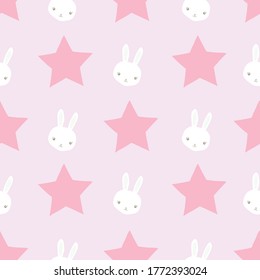 Mädchen nahtlose Muster-Design mit weißen Bundchen, süße Kaninchen, rosafarbene Sterne auf rosafarbenem Hintergrund. Ideal für Stoff, Textilien, Kindermode. Oberflächenmuster-Design.