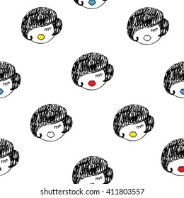 Girls seamless pattern. Hand drawn girl faces texture. Cartoon retro design. Fashion illustration