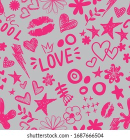 Girls seamless pattern with hearts, words and hand drawing elements. Texture background for textile, graphic tees, kids wear. Wallpaper for teenager girls. Fashion style. 