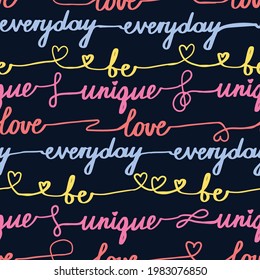 Girls seamless pattern with hearts, words and hand drawing elements. Texture background for textile, graphic tees, kids wear. Wallpaper for teenager girls. Fashion style. 