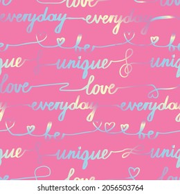 Girls seamless pattern with hearts, words and hand drawing elements. Texture background for textile, graphic tees, kids wear. Wallpaper for teenager girls. Fashion style. 