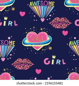 Girls seamless pattern with hearts, words and hand drawing elements. Texture background for textile, graphic tees, kids wear. Wallpaper for teenager girls. Fashion style. 