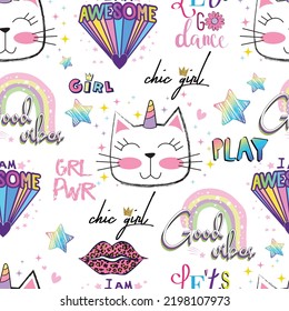 Girls seamless pattern with hearts, words and hand drawing elements. Texture background for textile, graphic tees, kids wear. Wallpaper for teenager girls. Fashion style. 