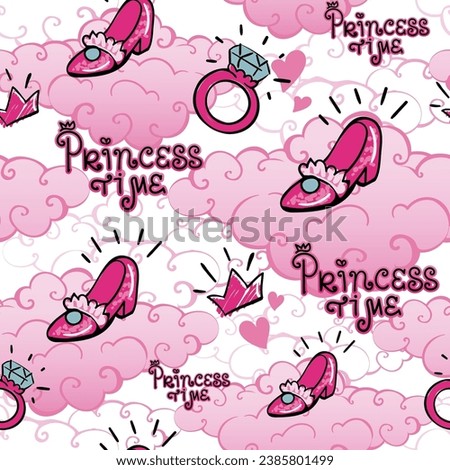 Girls seamless pattern with high heel shoes on clouds, ring, text Princess time. Pink girlish ornament. Princess repeat print