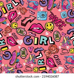 Girls seamless pattern with lips, words and hand drawing elements. Texture background for textile, graphic tees, kids wear. Wallpaper for teenager girls. Fashion style. 