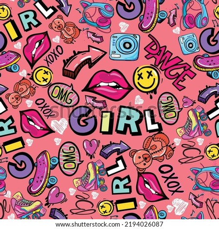 Girls seamless pattern with lips, words and hand drawing elements. Texture background for textile, graphic tees, kids wear. Wallpaper for teenager girls. Fashion style. 
