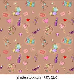 Girls seamless texture with fashion acessories, shoes, bag and lipstick