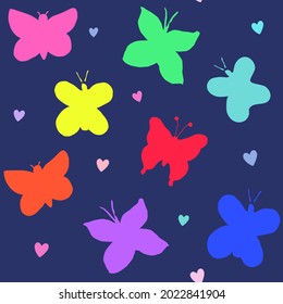 Girls seamless vector pattern with colorful butterfly silhouettes and hearts on a dark navy background. Nice for girls, beach and swim projects and more