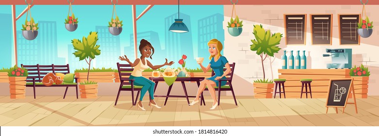 Girls seating on cafe terrace or balcony with wooden bar counter and plants. Vector cartoon interior of coffee shop patio with tables, chairs and bench with sleeping cat. Women drink tea and talking