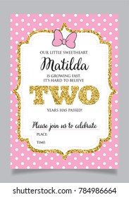 Girl's second birthday invitation, two years old party. Printable vector template with pink background with white polka dots and golden glitter elements.