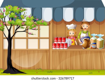 Girls selling food in foodstand illustration