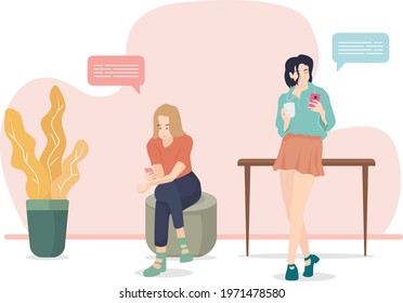 girls sends messages via smartphone. Young happy woman uses mobile phone. Mobile internet communication, social media chatting.