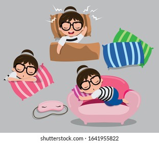 girls set emotions, feelings be Sleepy, face of the child. Different nationalities are different. Variety of children. Female and male heads. vector of students. Cartoon illustration isolated