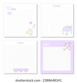 Las chicas ponen páginas de cuadernos vectoriales, color rosa lindo estilo de dibujos animados kawaii sobre fondo blanco y rosa con un elemento lindo 