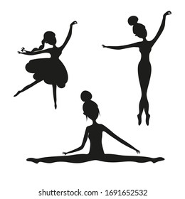 Girls set silhouette pose dance. Beauty concept. Sport style icons vector illustration isolated on white background. Symbols for international yoga day.  Dancing school. Print for girls. Copy paste