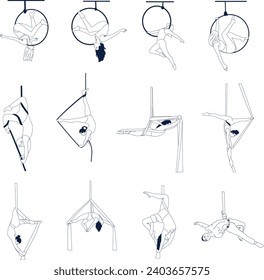 Girls. Set of various acrobatic with a ribbon or hammock, hoop, rope. Stretching exercises. Anti-gravity relaxation. healthy lifestyle, Aerial silk. 