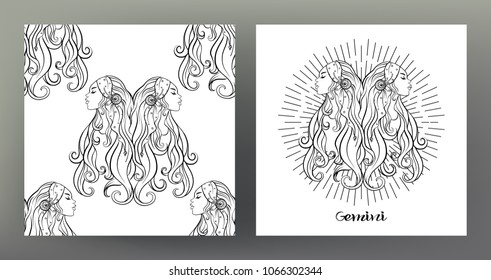 Gemini, twins, girls. Set of Zodiac sign illustration on the sacred geometry symbol pattern and  seamless pattern with this sign. Black-and-white graphics. Stock vector illustration.