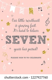 Girl's Seventh Birthday Seven Years Party Printable Invitation Card