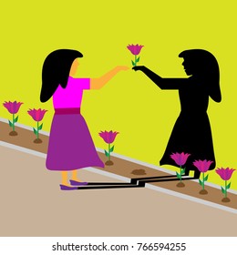 A girl's shadow offers her a flower in a minimalist surreal illustration.