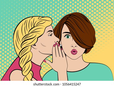 Girls share secrets. Picture of two women close-up. Pop art style. Vector illustration