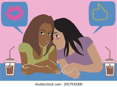 Girls share secrets. Picture of two women close-up. Flat style.There are speech bubbles and milkshakes. Vector illustration.