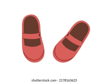 Girls shoes with closed toe and strap. Summer childs foot wear. Kids girly footwear pair, top view. Casual toddlers footgear. Flat vector illustration isolated on white background