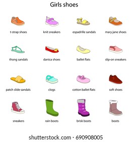 Girls shoes, set, collection of fashion footwear with names. Baby, kid, child, childhood. Vector design isolated illustration. Black outlines, colored images, white background.